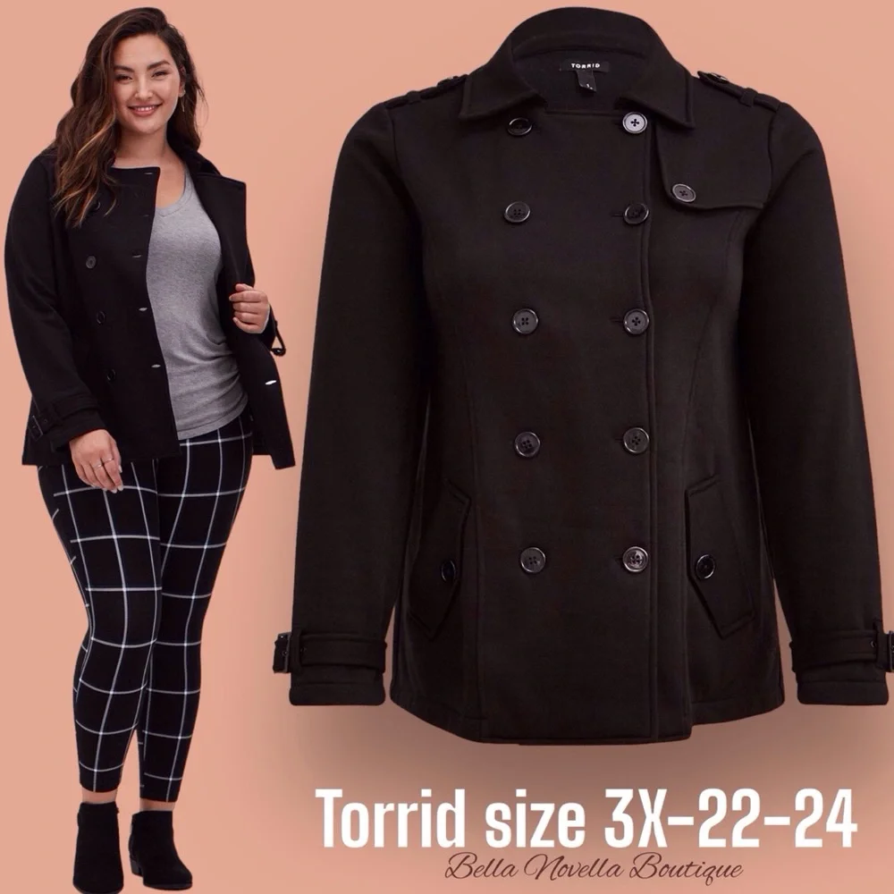 Torrid Black Fleece Double Breasted Pea Coat Jacket sz 3X NWT